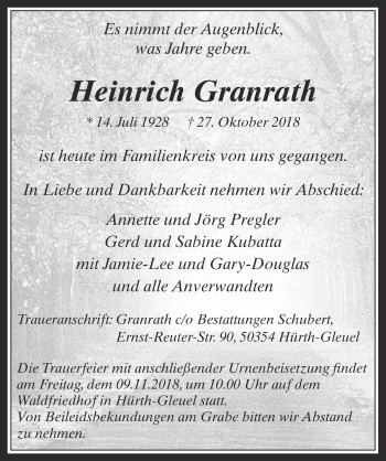 Anzeige von Heinrich Granrath von  Wochenende 