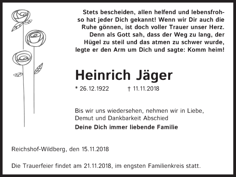  Traueranzeige für Heinrich Jäger vom 15.11.2018 aus Kölner Stadt-Anzeiger / Kölnische Rundschau / Express