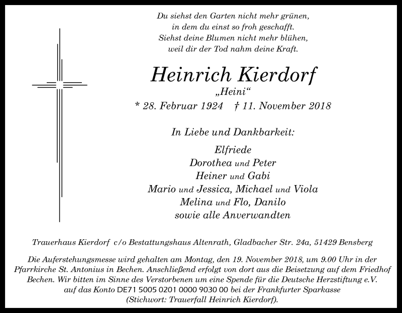  Traueranzeige für Heinrich Kierdorf vom 15.11.2018 aus Kölner Stadt-Anzeiger / Kölnische Rundschau / Express