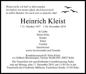 Anzeige von Heinrich Kleist von Kölner Stadt-Anzeiger / Kölnische Rundschau / Express