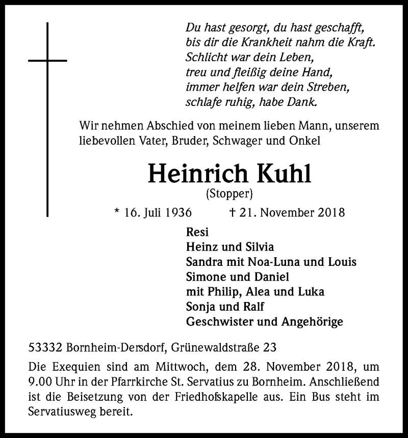  Traueranzeige für Heinrich Kuhl vom 24.11.2018 aus Kölner Stadt-Anzeiger / Kölnische Rundschau / Express
