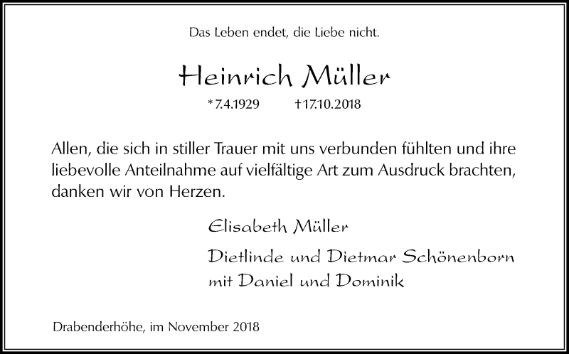  Traueranzeige für Heinrich Müller vom 28.11.2018 aus  Anzeigen Echo 