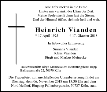 Anzeige von Heinrich Vianden von Kölner Stadt-Anzeiger / Kölnische Rundschau / Express