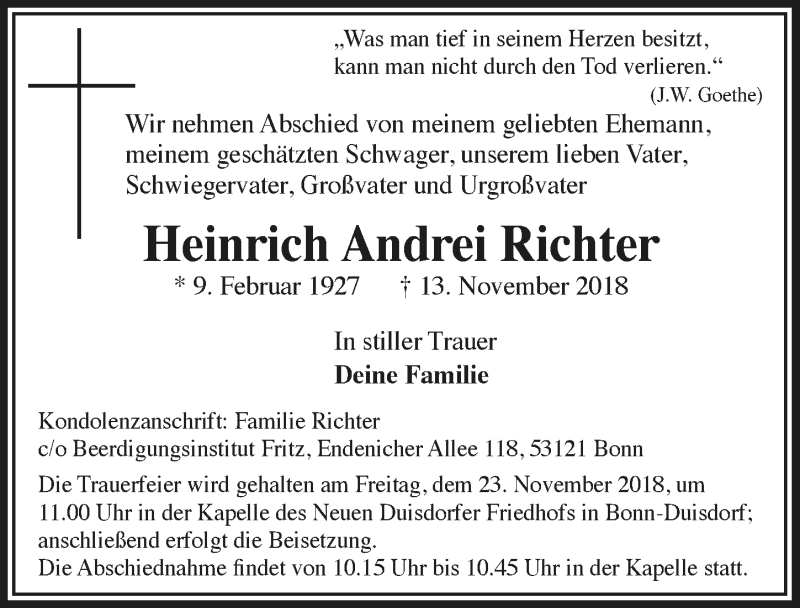  Traueranzeige für Heinrich Andrei Richter vom 21.11.2018 aus  Schaufenster/Blickpunkt 