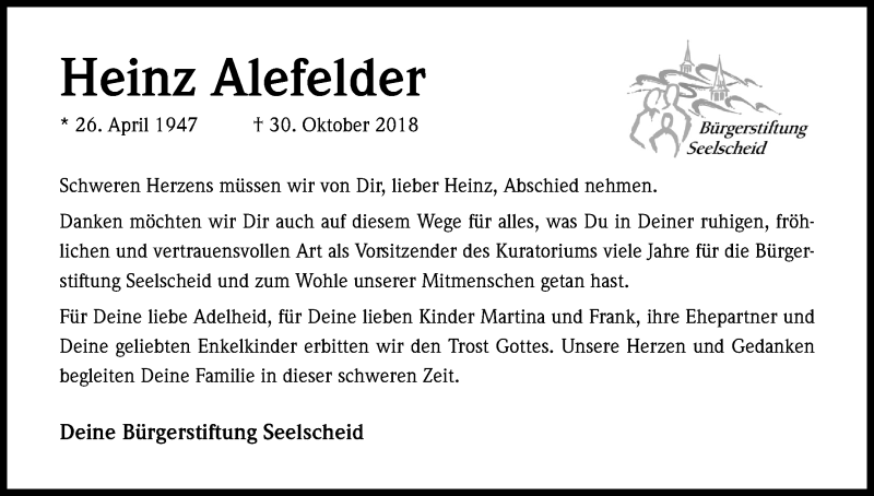  Traueranzeige für Heinz Alefelder vom 10.11.2018 aus Kölner Stadt-Anzeiger / Kölnische Rundschau / Express