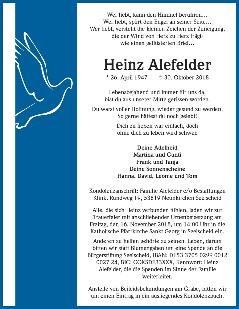 Traueranzeige für Heinz Alefelder vom 10.11.2018 aus Kölner Stadt-Anzeiger / Kölnische Rundschau / Express
