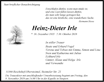 Anzeige von Heinz-Dieter Irle von  Anzeigen Echo 
