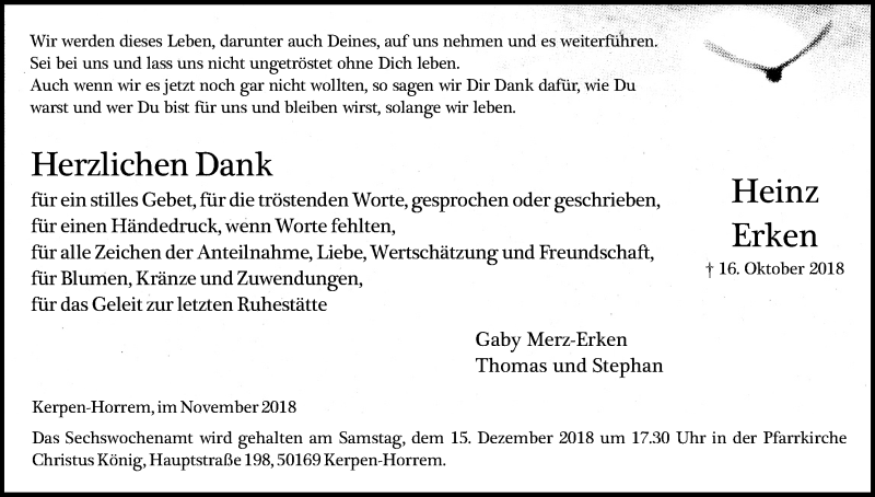  Traueranzeige für Heinz Erken vom 24.11.2018 aus Kölner Stadt-Anzeiger / Kölnische Rundschau / Express