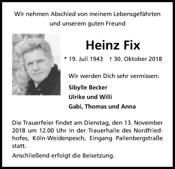 Anzeige von Heinz Fix von Kölner Stadt-Anzeiger / Kölnische Rundschau / Express