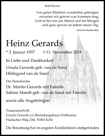 Anzeige von Heinz Gerards von Kölner Stadt-Anzeiger / Kölnische Rundschau / Express