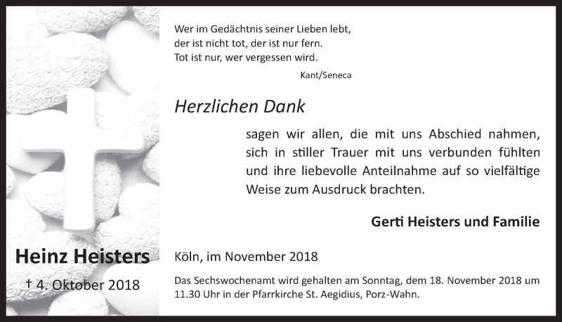  Traueranzeige für Heinz Heisters vom 07.11.2018 aus  Kölner Wochenspiegel 