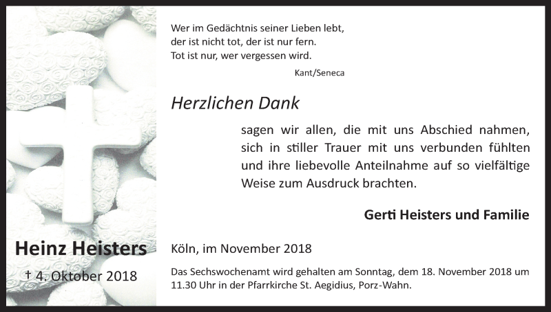  Traueranzeige für Heinz Heisters vom 03.11.2018 aus Kölner Stadt-Anzeiger / Kölnische Rundschau / Express