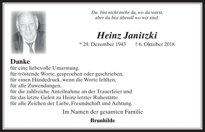  Traueranzeige für Heinz Janitzki vom 07.11.2018 aus  Werbepost 