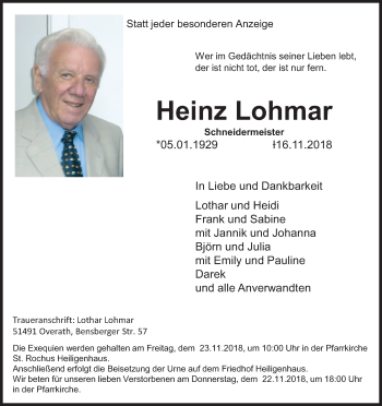Anzeige von Heinz Lohmar von Kölner Stadt-Anzeiger / Kölnische Rundschau / Express