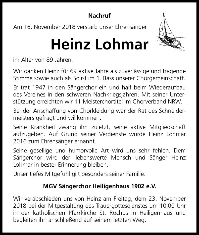  Traueranzeige für Heinz Lohmar vom 22.11.2018 aus Kölner Stadt-Anzeiger / Kölnische Rundschau / Express