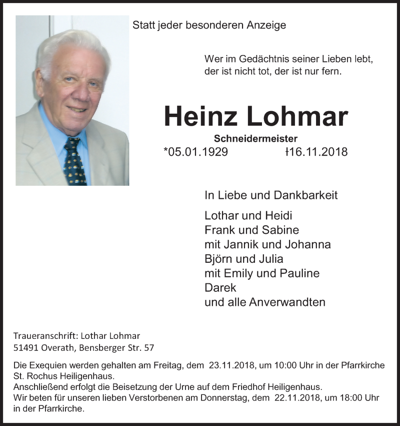  Traueranzeige für Heinz Lohmar vom 21.11.2018 aus Kölner Stadt-Anzeiger / Kölnische Rundschau / Express
