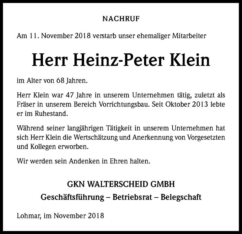  Traueranzeige für Heinz-Peter Klein vom 17.11.2018 aus Kölner Stadt-Anzeiger / Kölnische Rundschau / Express
