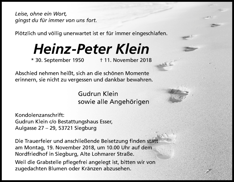  Traueranzeige für Heinz-Peter Klein vom 15.11.2018 aus Kölner Stadt-Anzeiger / Kölnische Rundschau / Express