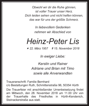 Anzeige von Heinz-Peter Lis von  Wochenende 