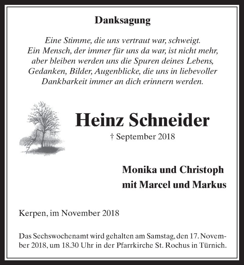  Traueranzeige für Heinz Schneider vom 14.11.2018 aus  Werbepost 