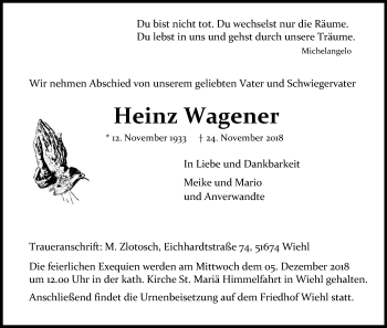 Anzeige von Heinz Wagener von Kölner Stadt-Anzeiger / Kölnische Rundschau / Express
