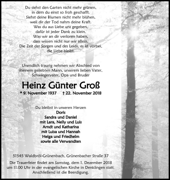 Anzeige von Heinz Günter Groß von Kölner Stadt-Anzeiger / Kölnische Rundschau / Express
