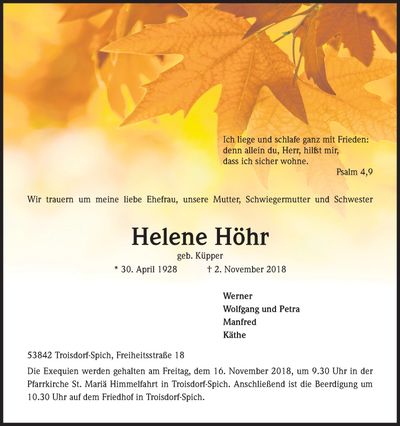  Traueranzeige für Helene Höhr vom 10.11.2018 aus Kölner Stadt-Anzeiger / Kölnische Rundschau / Express