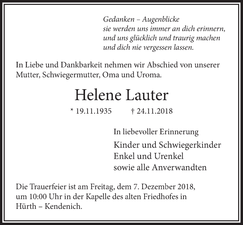  Traueranzeige für Helene Lauter vom 01.12.2018 aus  Sonntags-Post 