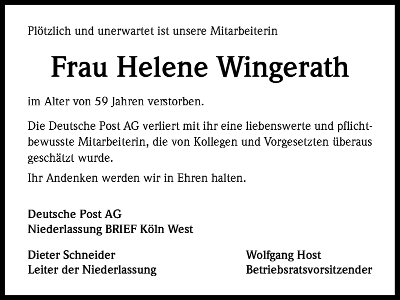  Traueranzeige für Helene Wingerath vom 17.11.2018 aus Kölner Stadt-Anzeiger / Kölnische Rundschau / Express