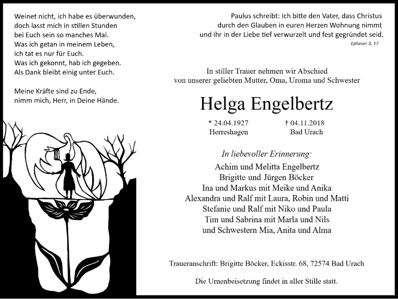  Traueranzeige für Helga Engelbertz vom 07.11.2018 aus Kölner Stadt-Anzeiger / Kölnische Rundschau / Express