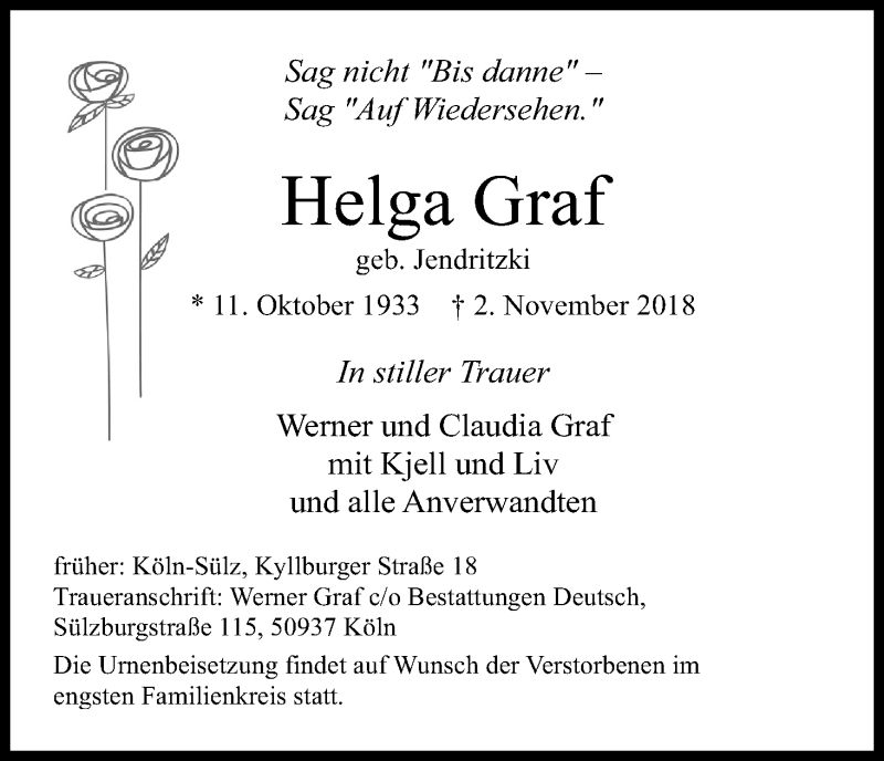  Traueranzeige für Helga Graf vom 17.11.2018 aus Kölner Stadt-Anzeiger / Kölnische Rundschau / Express