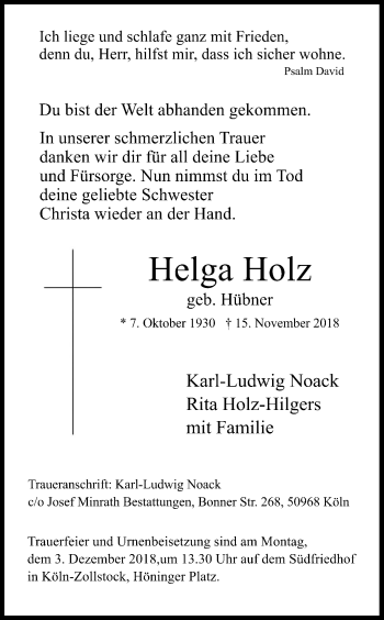 Anzeige von Helga Holz von Kölner Stadt-Anzeiger / Kölnische Rundschau / Express