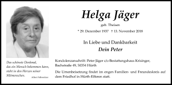 Anzeige von Helga Jäger von Kölner Stadt-Anzeiger / Kölnische Rundschau / Express