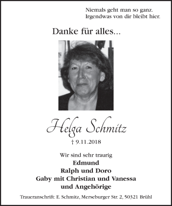Anzeige von Helga Schmitz von  Schlossbote/Werbekurier 