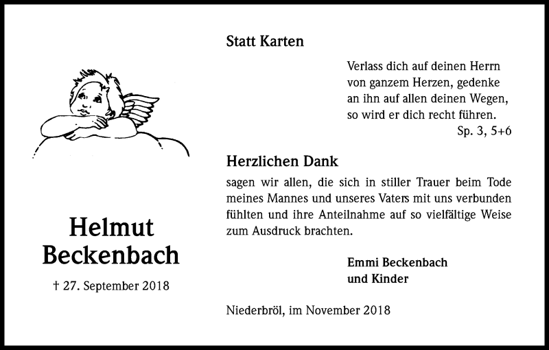  Traueranzeige für Helmut Beckenbach vom 17.11.2018 aus Kölner Stadt-Anzeiger / Kölnische Rundschau / Express