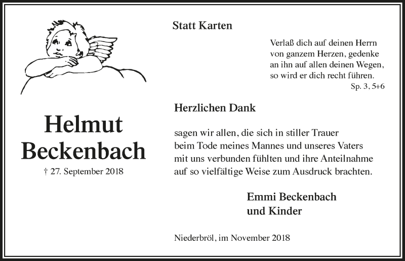  Traueranzeige für Helmut Beckenbach vom 21.11.2018 aus  Lokalanzeiger 
