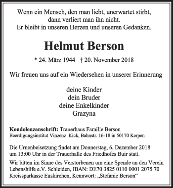 Anzeige von Helmut Berson von  Sonntags-Post 