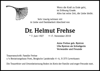 Anzeige von Helmut Frehse von Kölner Stadt-Anzeiger / Kölnische Rundschau / Express