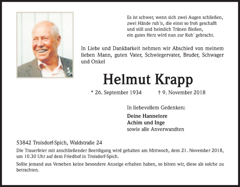  Traueranzeige für Helmut Krapp vom 17.11.2018 aus Kölner Stadt-Anzeiger / Kölnische Rundschau / Express