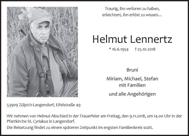  Traueranzeige für Helmut Lennertz vom 03.11.2018 aus  Blickpunkt Euskirchen 