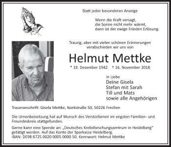 Anzeige von Helmut Mettke von  Sonntags-Post 