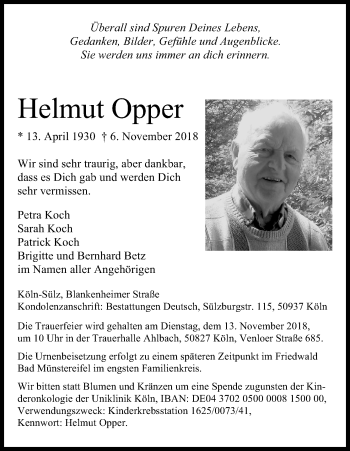 Anzeige von Helmut Opper von Kölner Stadt-Anzeiger / Kölnische Rundschau / Express