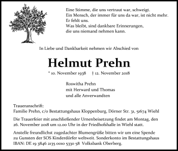 Anzeige von Helmut Prehn von Kölner Stadt-Anzeiger / Kölnische Rundschau / Express
