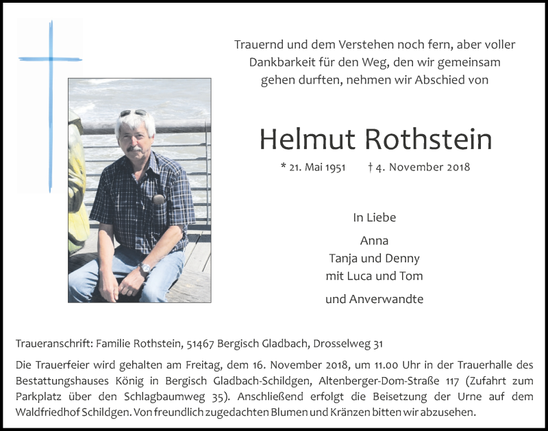  Traueranzeige für Helmut Rothstein vom 14.11.2018 aus  Bergisches Sonntagsblatt 