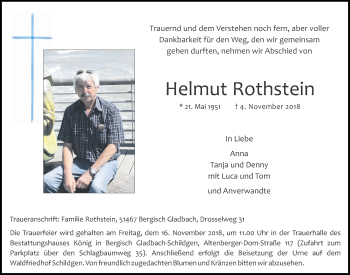 Anzeige von Helmut Rothstein von  Bergisches Sonntagsblatt 