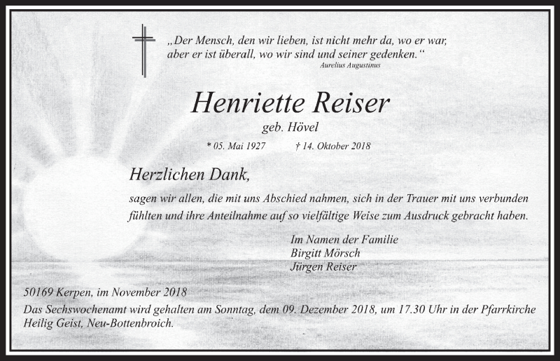  Traueranzeige für Henriette Reiser vom 24.11.2018 aus  Sonntags-Post 