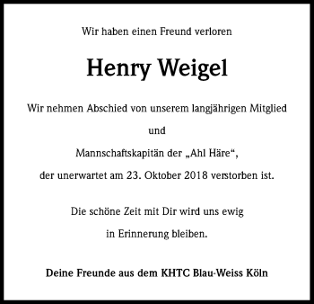 Anzeige von Henry Weigel von Kölner Stadt-Anzeiger / Kölnische Rundschau / Express