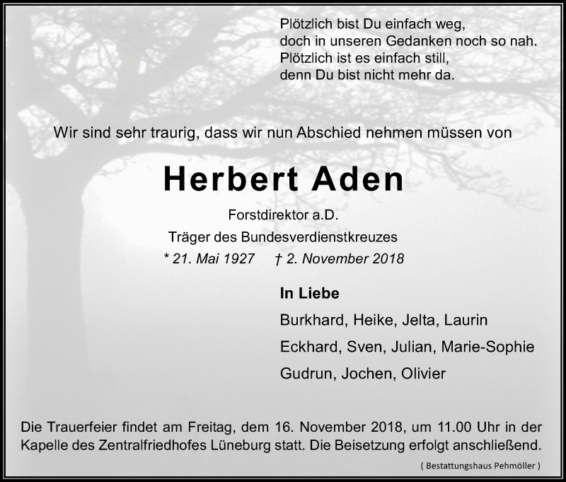  Traueranzeige für Herbert Aden vom 10.11.2018 aus Kölner Stadt-Anzeiger / Kölnische Rundschau / Express