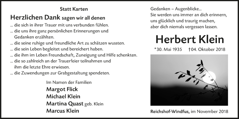  Traueranzeige für Herbert Klein vom 21.11.2018 aus  Anzeigen Echo 