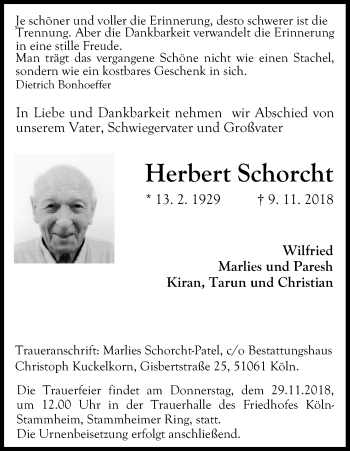Anzeige von Herbert Schorcht von Kölner Stadt-Anzeiger / Kölnische Rundschau / Express